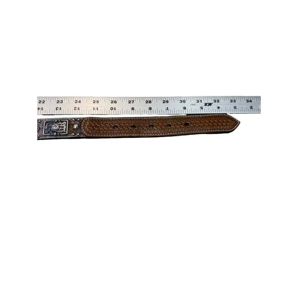 Studded Brown Hair-on Leather Belt with Crystal Accents Size 28 (no buckle)